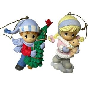 Precious Moments Christmas Ornaments‎ 2pc 712003 Boy Girl Red Bird Kitten Tree